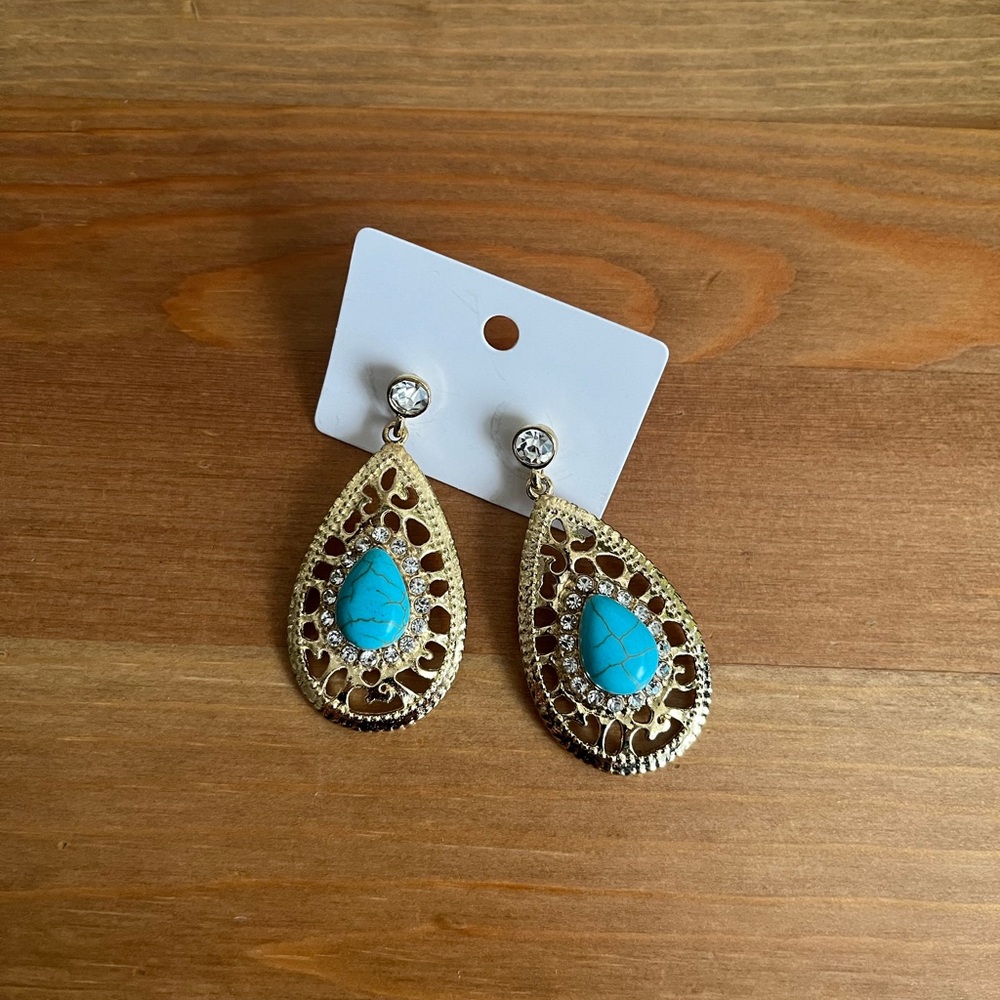 Vintage-look Gold Teardrop Earrings with Faux Turquoise Stone - Women Jewelry - Picture 4 of 7